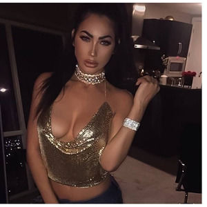 Metal Sexy Backless Halter Gold Sequined Crop Top